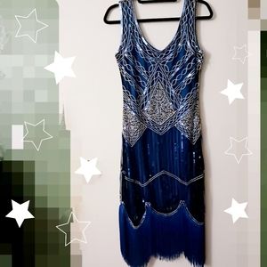 Blue dress beaded w/ shimmer fringe hem sleeveless evening party dress